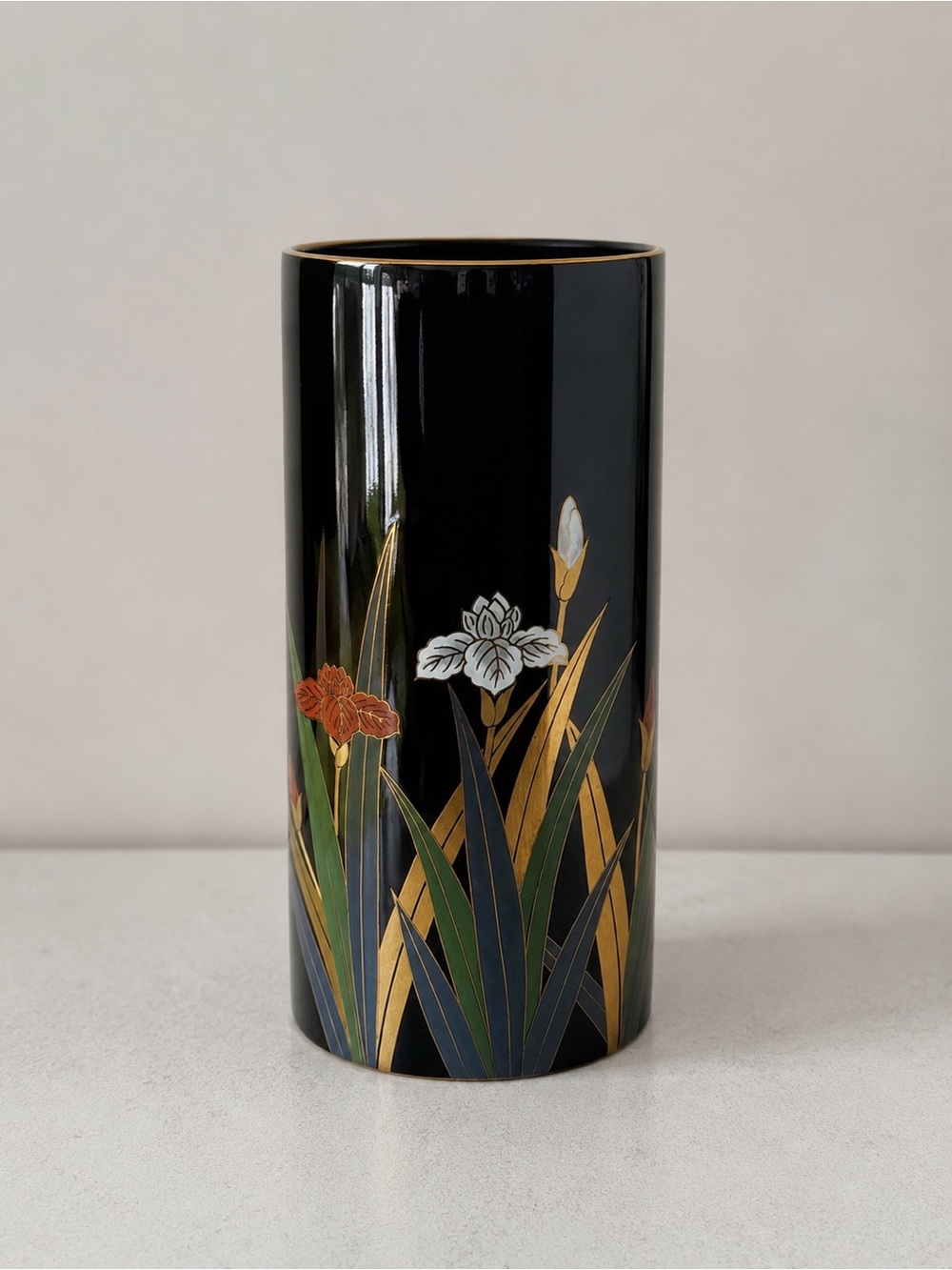 Vintage Otagiri Japan Floral Black Vase